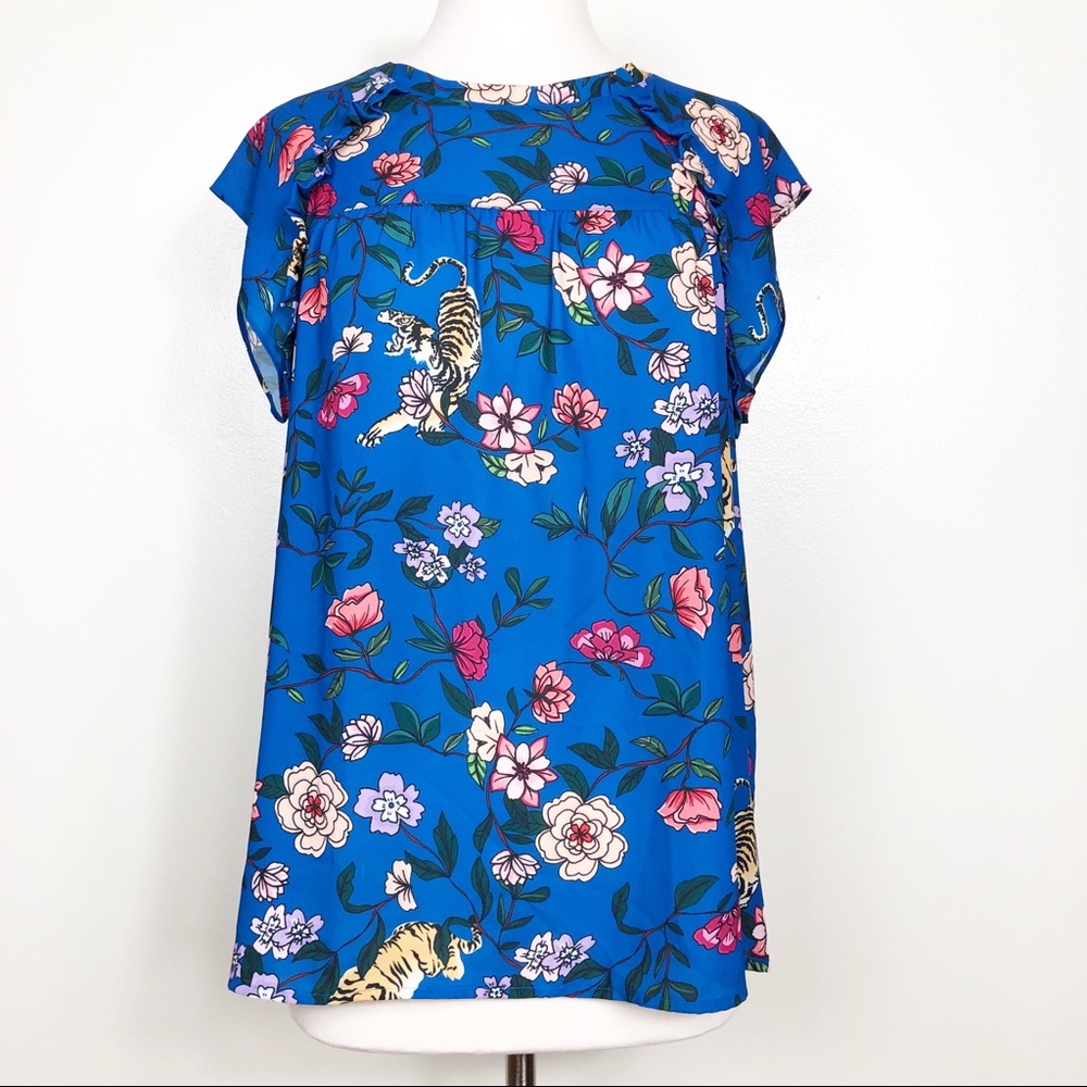 Loft Blue Floral Top Ruffle Accent Cap Sleeve